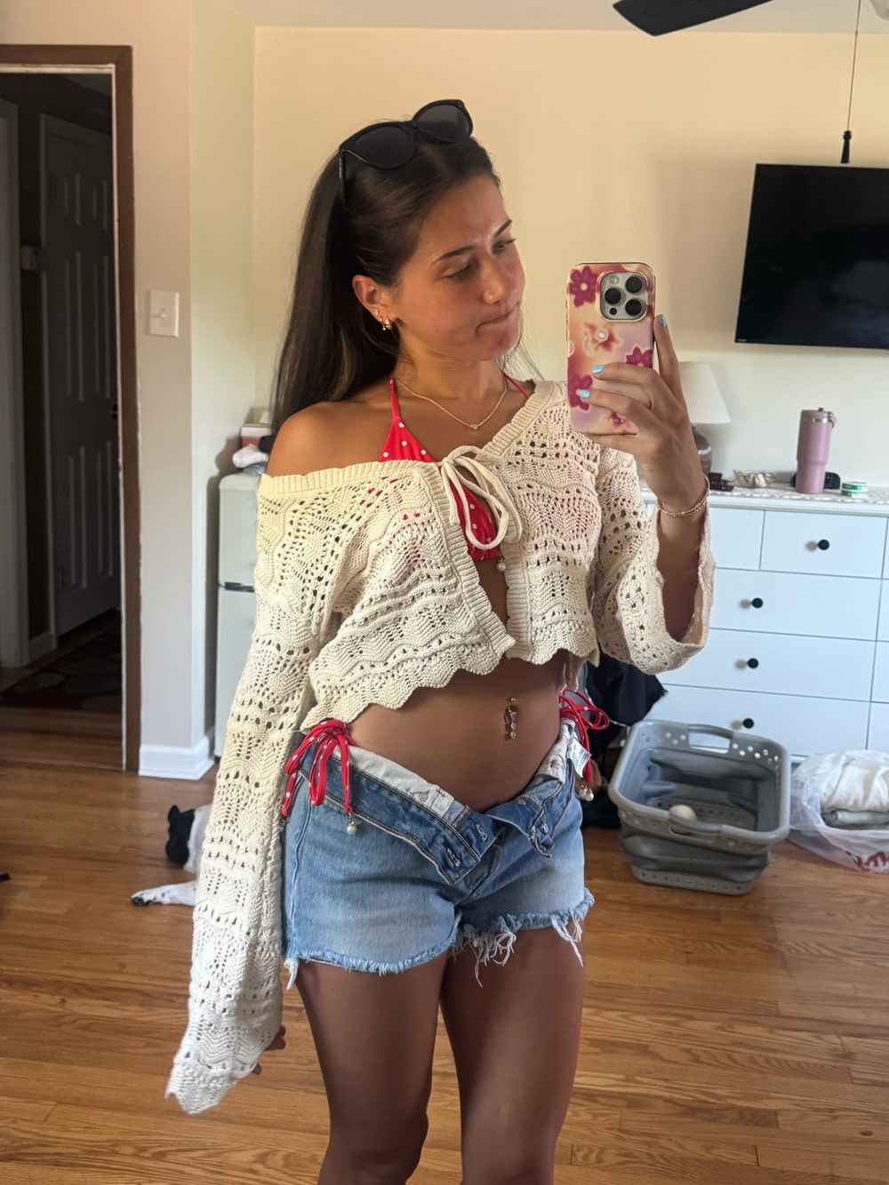 moon & madison Cream Crochet Off-the-Shoulder Boho Sweater